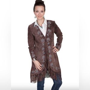 Scully suede car coat with turquoise and fringe. Size M